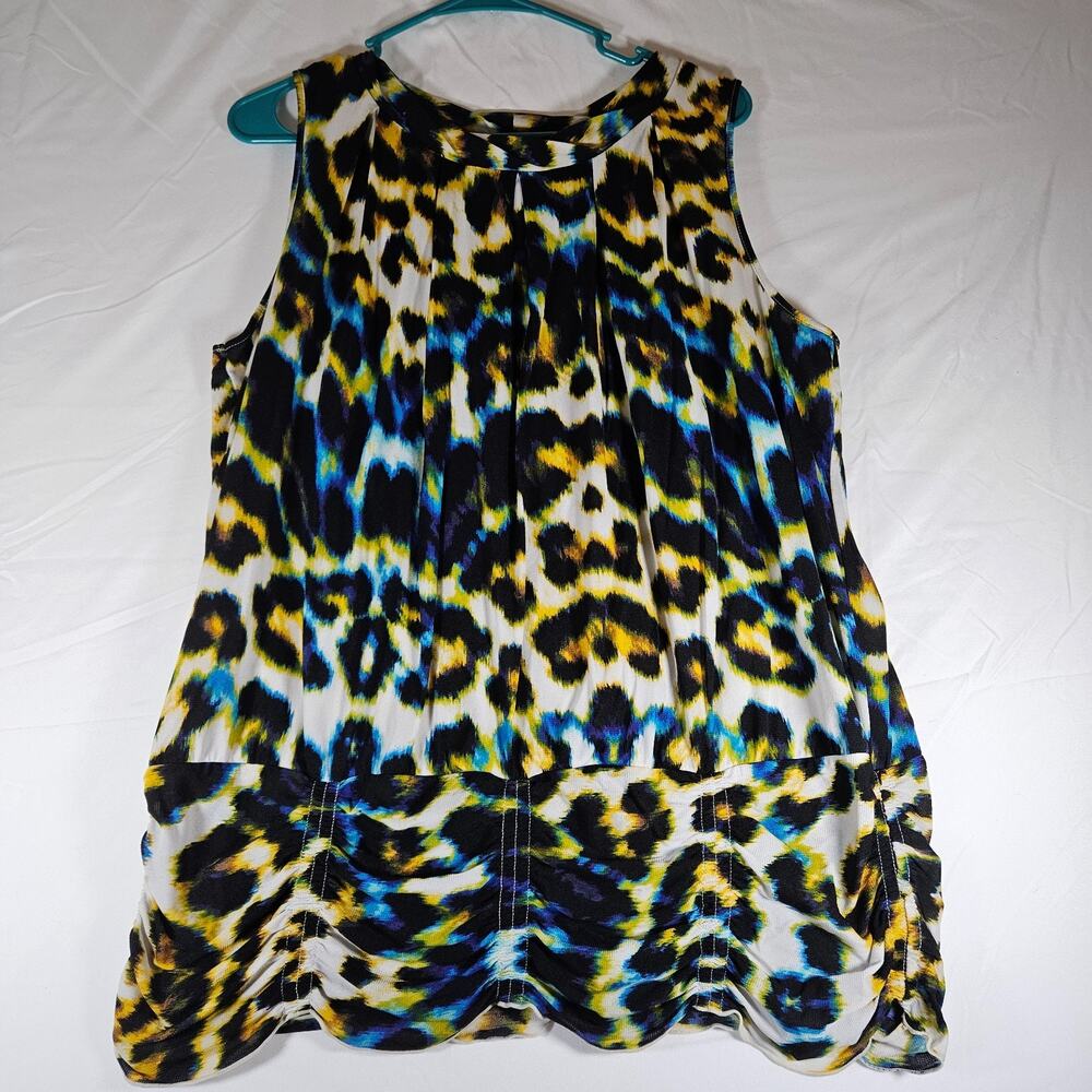 Worthington Woman 1X Sleeveless Animal Print Blouse Blue Yellow Black Ruched Hem